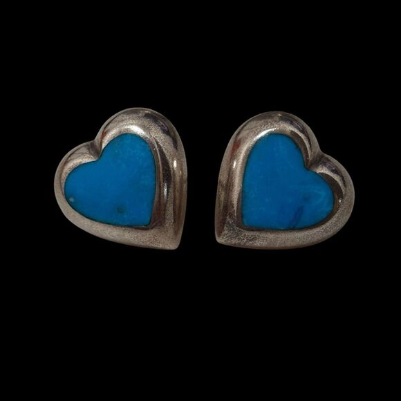 Vintage Turquoise Inlay Sterling Heart Stud Earrings - Picture 1 of 4